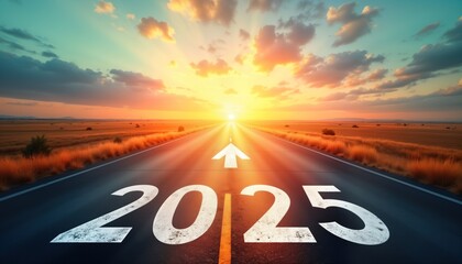 Empty highway road. Year 2025 written on asphalt. Arrow points forward. Sunset sky. Journey to future. New year success concept. Travel direction. Start. Goal. Vision.