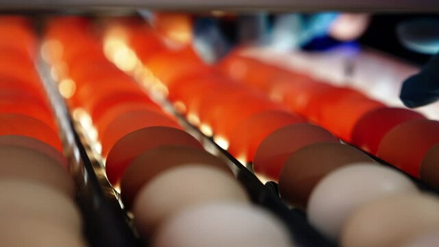 Chicken eggs are lit with bright light at factory. Worker's hands in gloves sort out the eggs at conveyor. Close up.