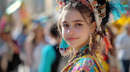 Fototapeta premium Young Woman in Colorful Traditional Attire at Festive Celebration