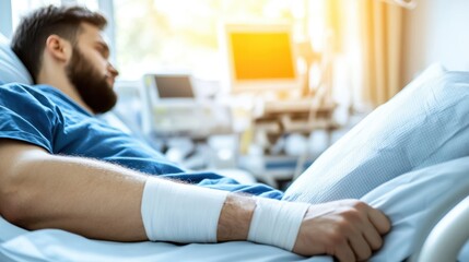Young Man in Hospital Bed with Bandaged Arm and Medical Equipment