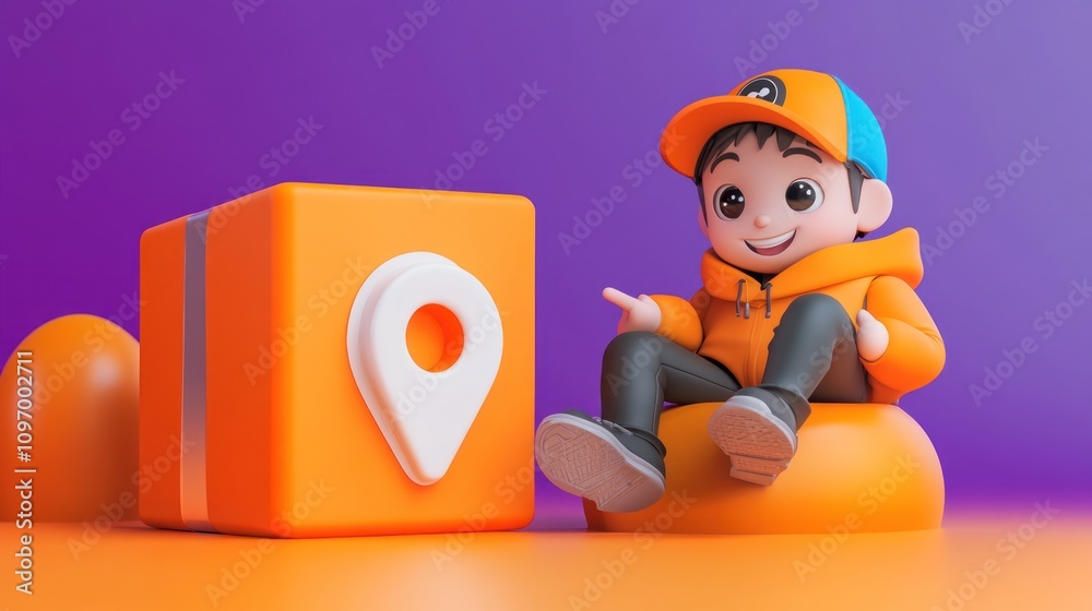 Poster a cheerful cartoon character sits next to an orange box with a location pin, symbolizing delivery.
