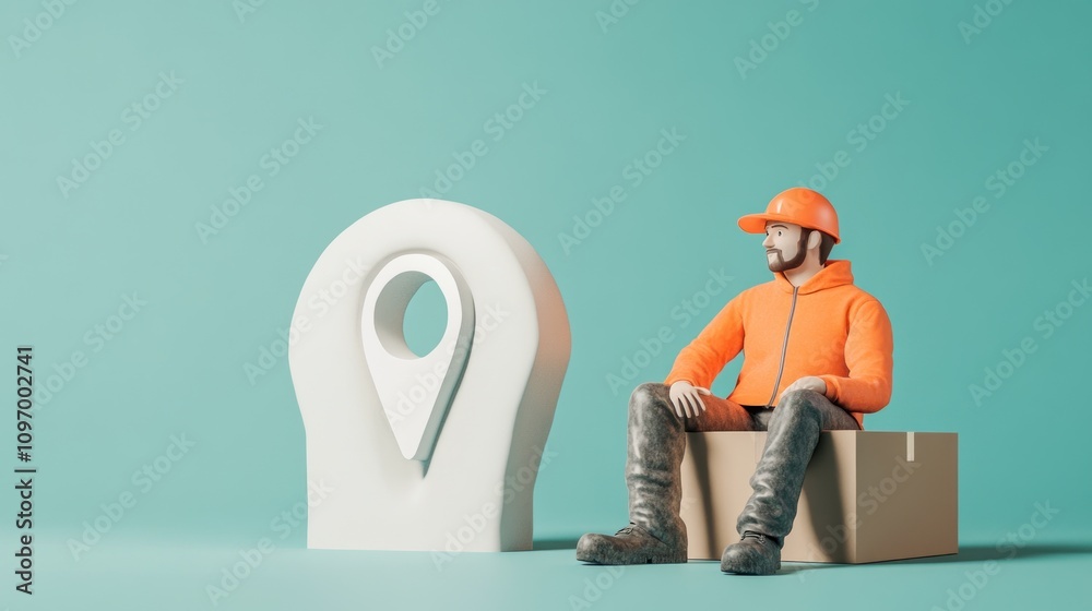 Aufkleber A construction worker sits beside a large location pin, symbolizing navigation or mapping.
