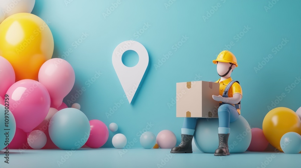 Poster a 3d figure in a hard hat sits with a box among colorful balloons, suggesting delivery or logistics.