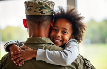 Happy African American girl hugs soldier dad. Military man returns home. Family reunion. Child embraces father. US army. Love. Homecoming. Veteran. Girl smiles. Black family. Happy moment. National