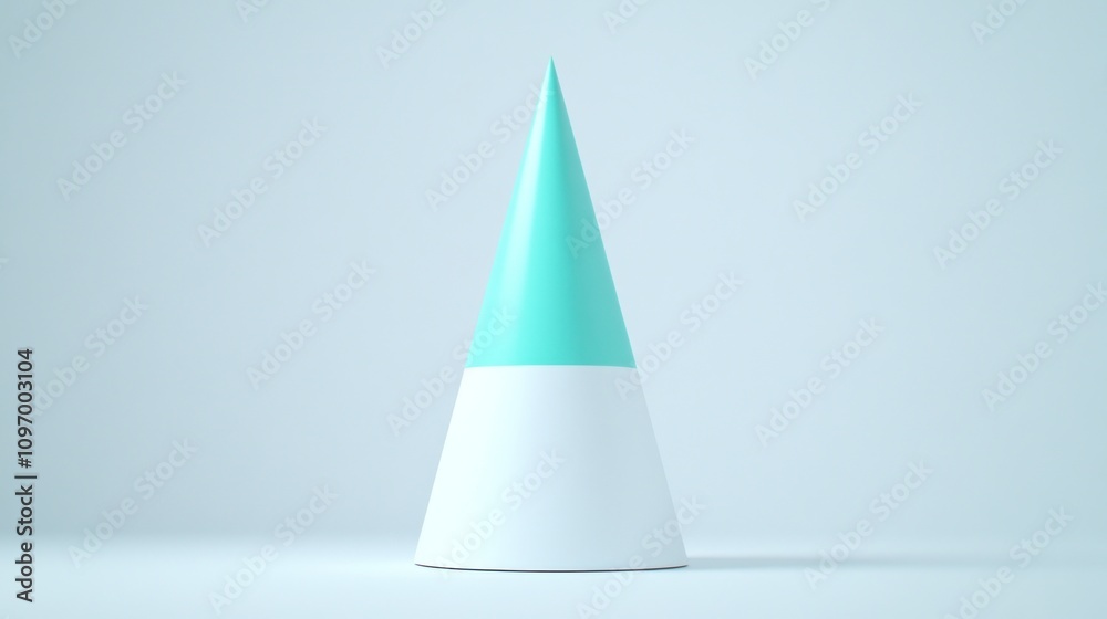 Poster a minimalist cone-shaped object with a turquoise top and white base against a light background.