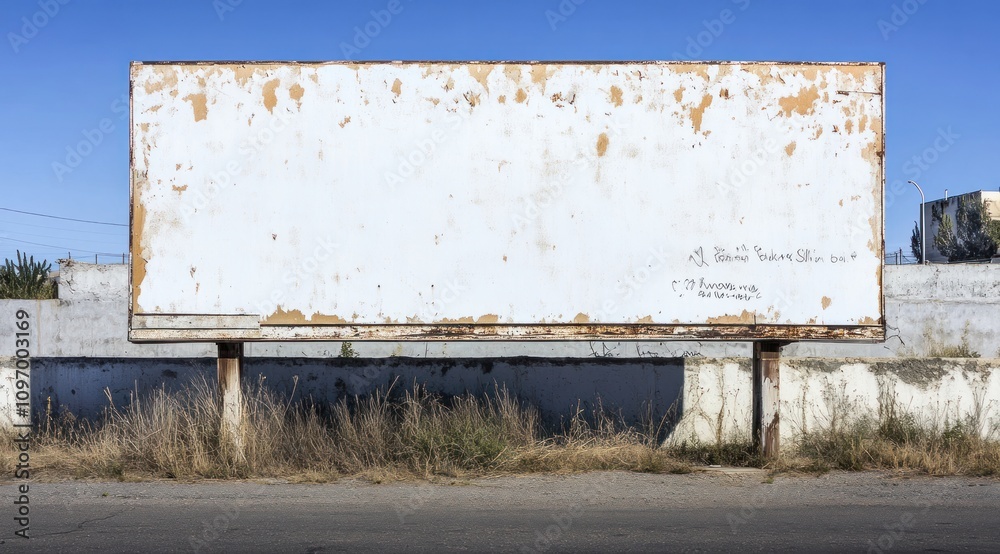 Poster A weathered blank billboard stands in an open area, showcasing signs of age and neglect.