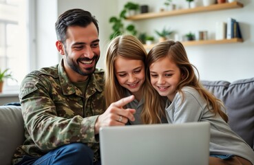 Soldier dad uses laptop with daughters. Family video chat. Home army man enjoys time with kids. Girl children hug father. Happy family moment. Military man on leave. Home life. Happy family. Relaxing
