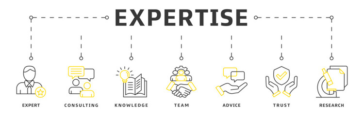 Expertise banner web icon vector illustration design concept representing high-level knowledge and experience with an icon of expert, consulting, knowledge, team, advice, trust, and research