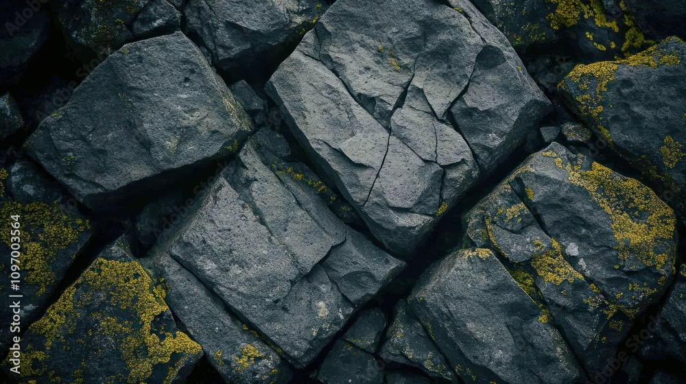 Poster a close-up view of textured rocks with yellow lichen, showcasing natural patterns.