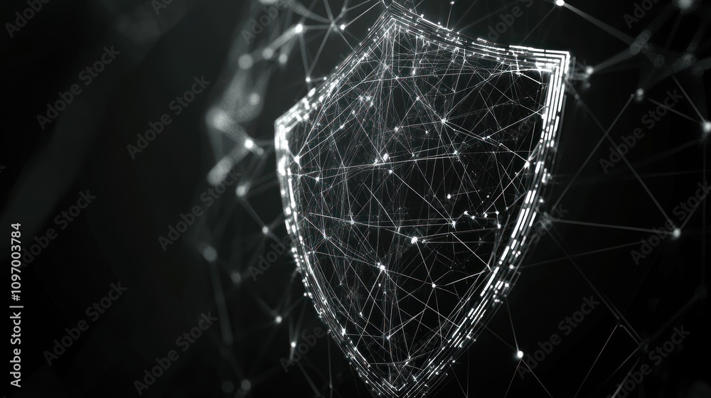 Poster A digital shield symbolizing cybersecurity, with interconnected lines and nodes.