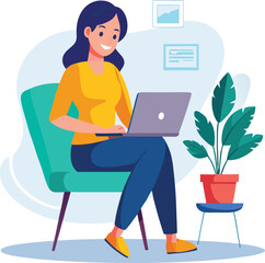 a girl is using his laptop vector