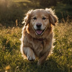 A fluffy golden retriever playing in a sunlit meadow.