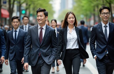 Asian businesspeople walk city street. Commuters in suits stroll. Morning workday. Busy urban scene. Professional attire. Crowd of workers. Modern city life.