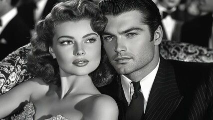 Classic black and white portrait of glamorous couple enjoying a night out at a vintage event