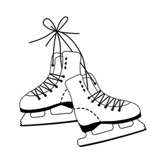 A pair of figure skates, a realistic contour drawing highlighted on a white background. For logos, prints, postcards, web pages, winter competitions, sports games.