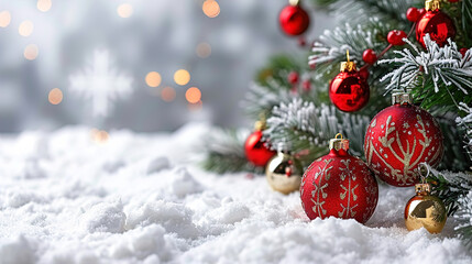 Christmas Tree with Balls and Ornaments on Snow Outside View 