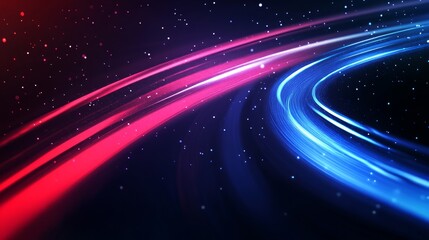 Obraz premium Abstract light trails curve in red and blue on dark background.