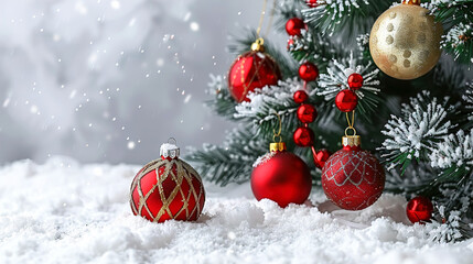 Christmas Tree with Balls and Ornaments on Snow Outside View 