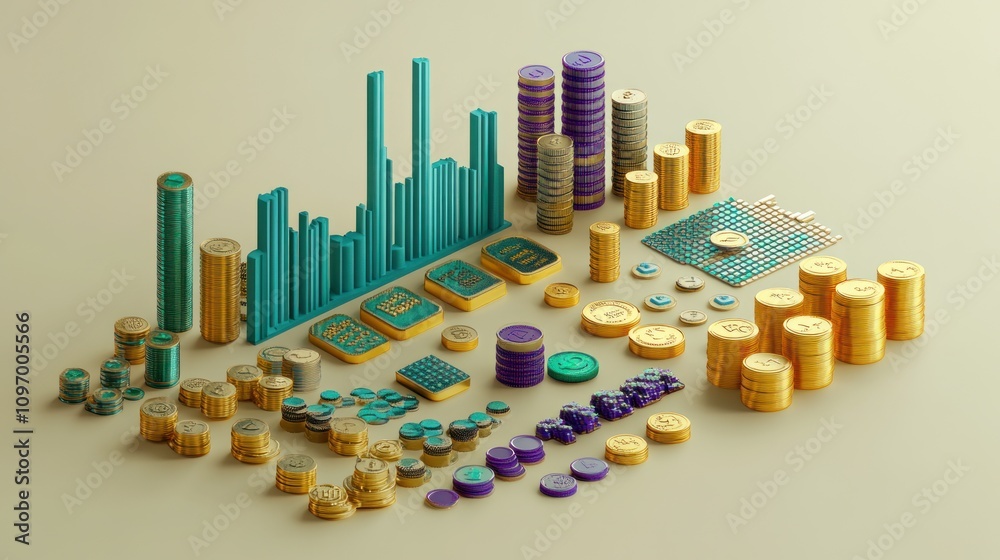 Poster a collection of colorful coins, bars, and graphs arranged for financial representation.