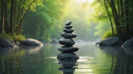 Obraz premium Balanced zen stones standing alone in a tranquil forest with reflections on water surface