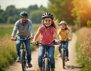 Family bike ride on sunny day. Father and two daughters cycle together. Happy children enjoy outdoor activity. Family cycling on country road. Healthy lifestyle fun summer adventure.