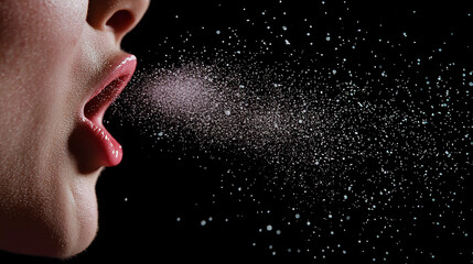 Viral particles surrounding a person's mouth, illustrating the transmission of airborne pathogens during health crises. Generative AI