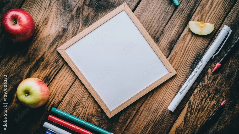 Poster a blank frame surrounded by apples and colorful markers on a wooden surface.