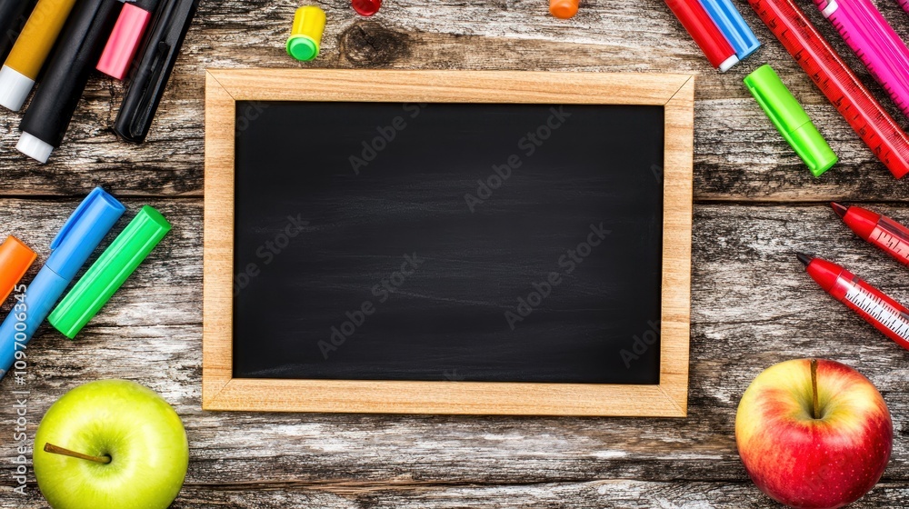 Poster a blank chalkboard surrounded by colorful markers and apples on a wooden surface.