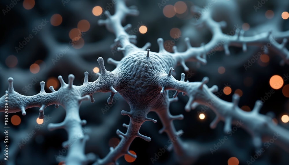 Poster Microscopic cell structure digital model. Abstract biology image shows organic mesh network. Macro closeup view of cellular tissue. Polymer material research. Science background.