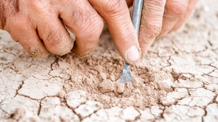 A close-up of hands using a small shovel to examine the texture and moisture of the soil, showing the attention to detail in soil management.
