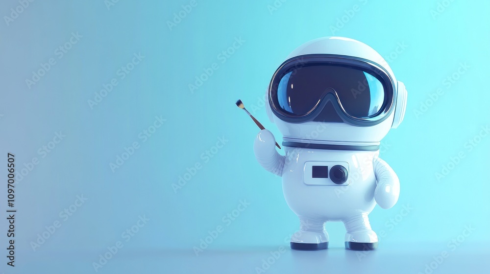 Poster a cute astronaut character holding a small tool against a gradient background.