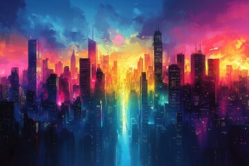 Obraz premium comic book-style depiction of a vibrant downtown city skyline, exaggerated colors and dynamic lines creating a sense of movement and energy, with iconic buildings towering against a bright blue sky