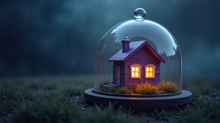Purple glowing house in a glass dome on moody dark grass