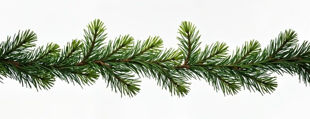 Green pine branch isolated on white. Christmas garland element. Fir tree twig. Nature decor. Spruce branch. Holiday decoration. Winter season. Festive design. Conifer needle. Xmas tree part. Natural