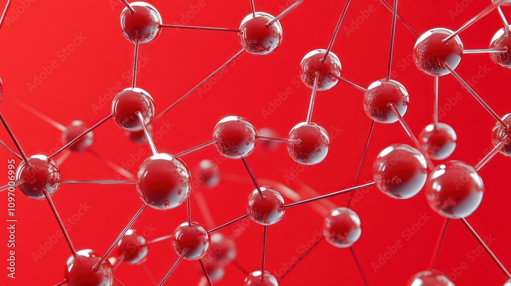 Poster Abstract representation of molecular structures on a vibrant red background.