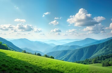Fototapeta premium Green meadow valley. Blue sky. Mountains range. Summer landscape. Nature scene. Beautiful clouds. Eco tourism. Travel vacation. Countryside view. Sustainable environment. Global peace. Healthy