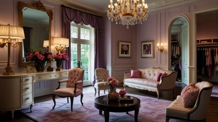 Elegant lavender bedroom suite with French furniture, crystal chandelier, and walk-in closet.
