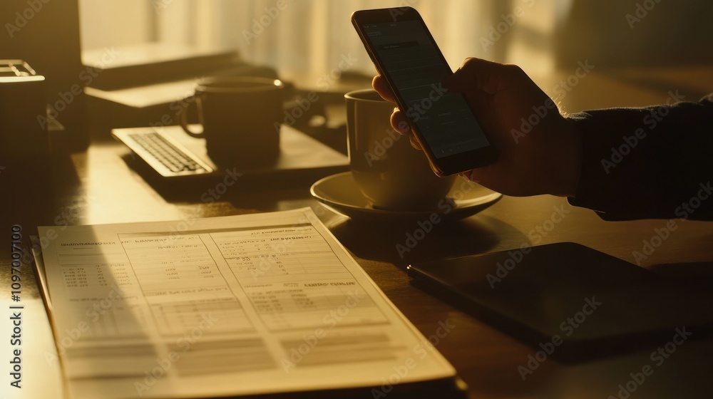 Poster a person using a smartphone beside documents and coffee in a warm, illuminated workspace.