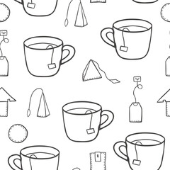 Hand drawn tea bags and cups seamless pattern