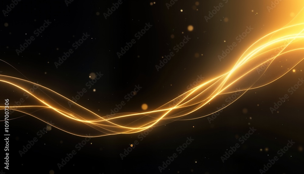 Poster abstract gold wave lines flow on black background. golden particles shimmer. elegant design ideal fo