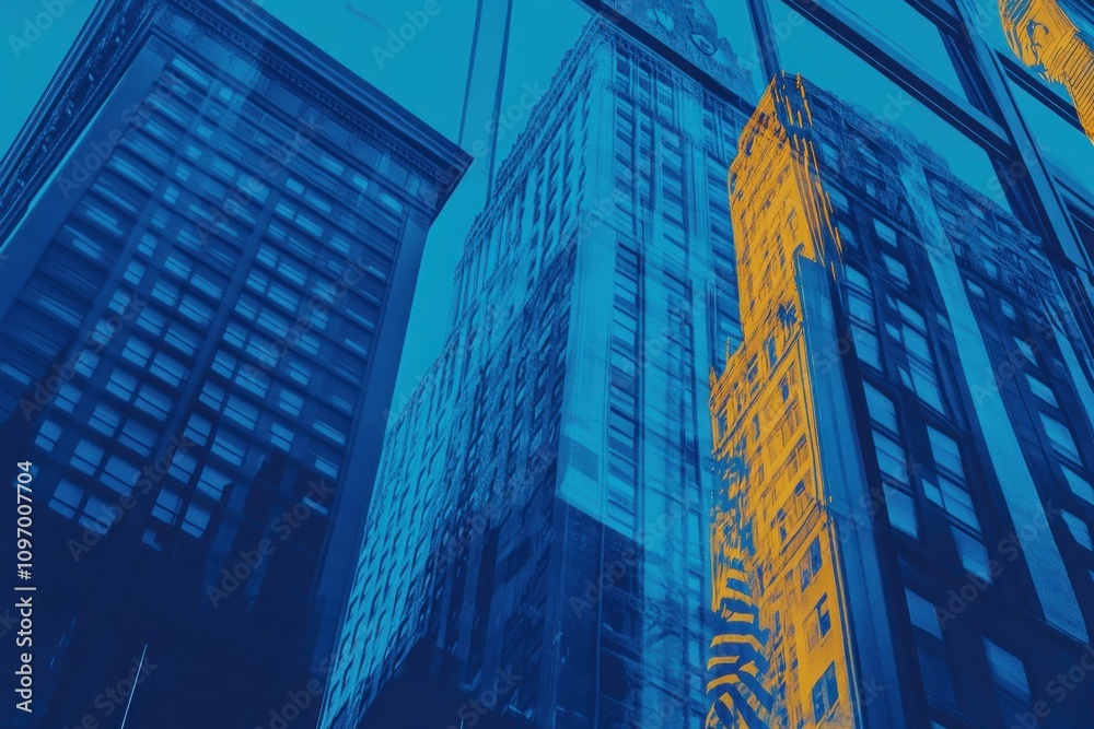 Poster reflection of skyscrapers in glass, showcasing urban architecture and design.