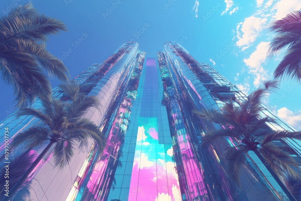 Poster a modern, reflective skyscraper surrounded by palm trees under a vibrant sky.