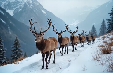 Obraz premium Majestic deer herd walks snowy mountain path. Winter wildlife scene. Animals trek through frosty landscape. Alpine nature reserve. Cold tranquil scene.