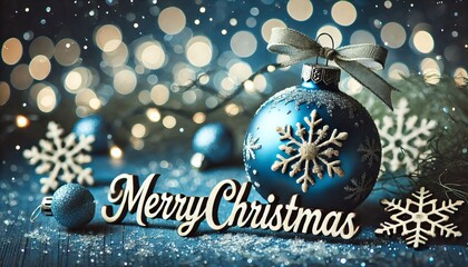 Blue Christmas Ornament  - Decorated Christmas Bauble Background with Merry Christmas Text - Christmas Ornament with Christmas Tree - Holiday Diffused Bokeh Wallpaper - Snow, Mistletoe and Presents