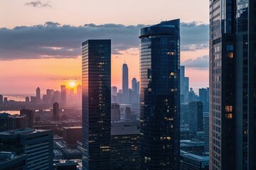 Fototapeta premium Sunrise Over Metropolitan Skyline in Softly Lit High-Rise Office Environment
