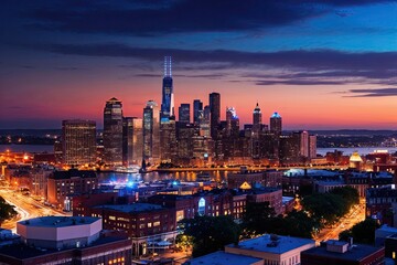 Fototapeta premium Vibrant City Skyline at Dusk Showcasing Stunning Urban Architecture and Bright City Lights