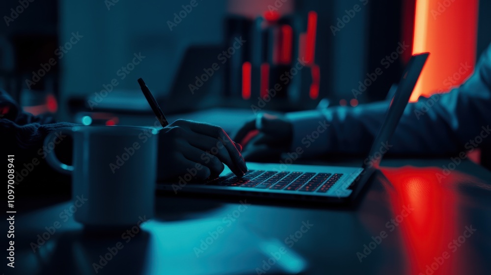 Aufkleber a close-up of hands working on a laptop in a dimly lit environment.