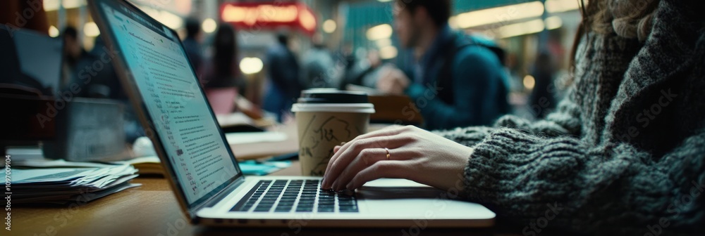 Poster a person working on a laptop with a coffee cup in a busy environment.