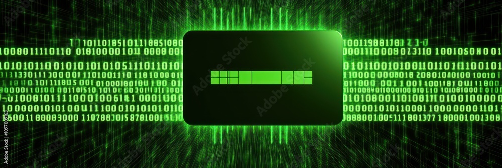Aufkleber A digital representation of binary code with a central green graphic element.