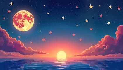 Sunset moonrise ocean scene. Cartoon stars sky. Dreamy night landscape. Calm sea water. Peaceful nature art. Fairy tale background. Relaxing bedtime illustration. World Sleep Day design.